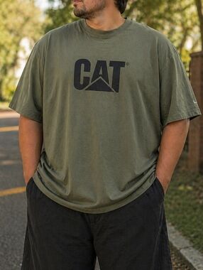 Caterpillar CAT Green Graphic Logo T-Shirt Plus Size 100% Cotton Workwear Street